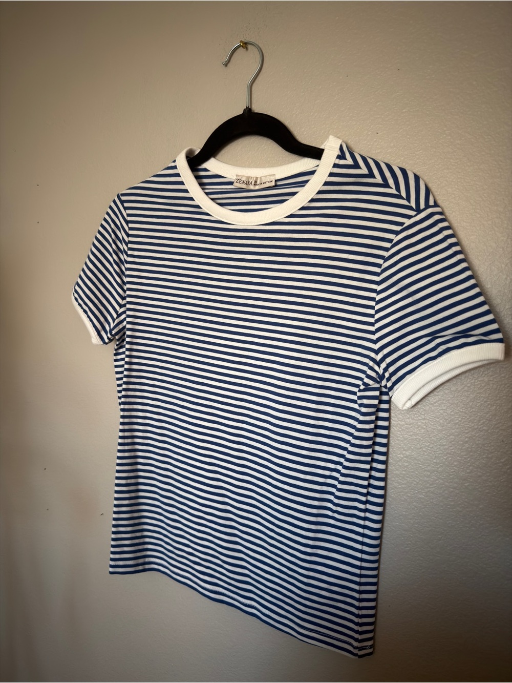 Blue & White Striped Tee with Contrast Trim
